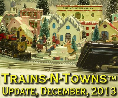 The official e-newsletter of Big Indoor Trains<sup><small>TM</small></sup> and Big Christmas Trains<sup><small>TM</small></sup>.  Howard Lamey sent this photo of a Bachmann-manufactured Dept. 56 On30 Mogul crossing and his vintage Marx Vanderbuilt locomotive meeting up near his putz-style synagogue. A link to the synagogue project is further down the page.